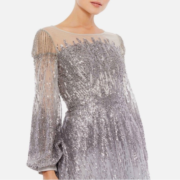 NWT$798 Mac Duggal [ 24 ] Jewel Encrusted Illusion Long Sleeve A-Line Gown Silve - Picture 3 of 17